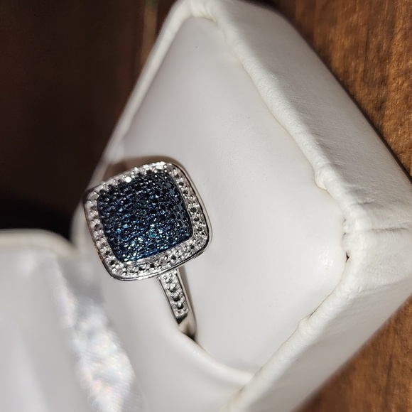 Cushion Cut Fancy Blue Diamond RIng Size: 7.25 Rhodium Overlay Brass - Picture 2 of 4